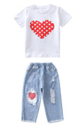 Kids Girls Pretty Heart Printed Short Sleeve Elasticated Waist Outfit