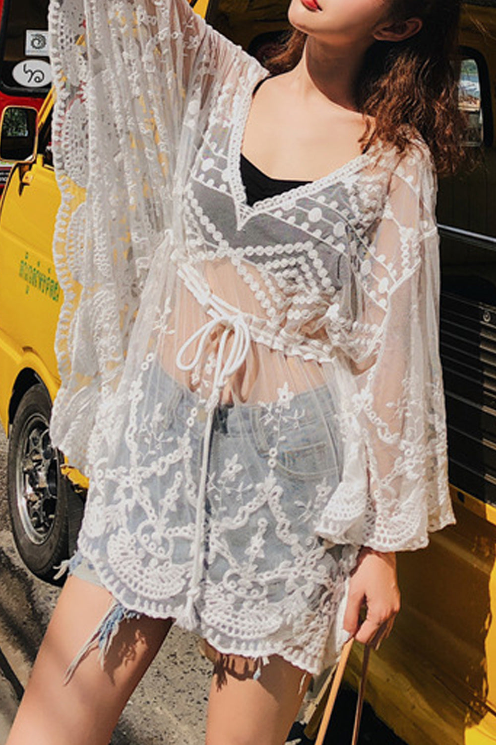 Women Flying Sleeve Solid Colored Comfy Cover-Up