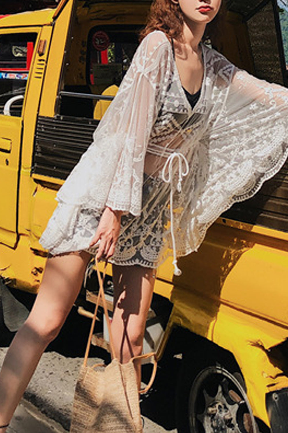Women Flying Sleeve Solid Colored Comfy Cover-Up
