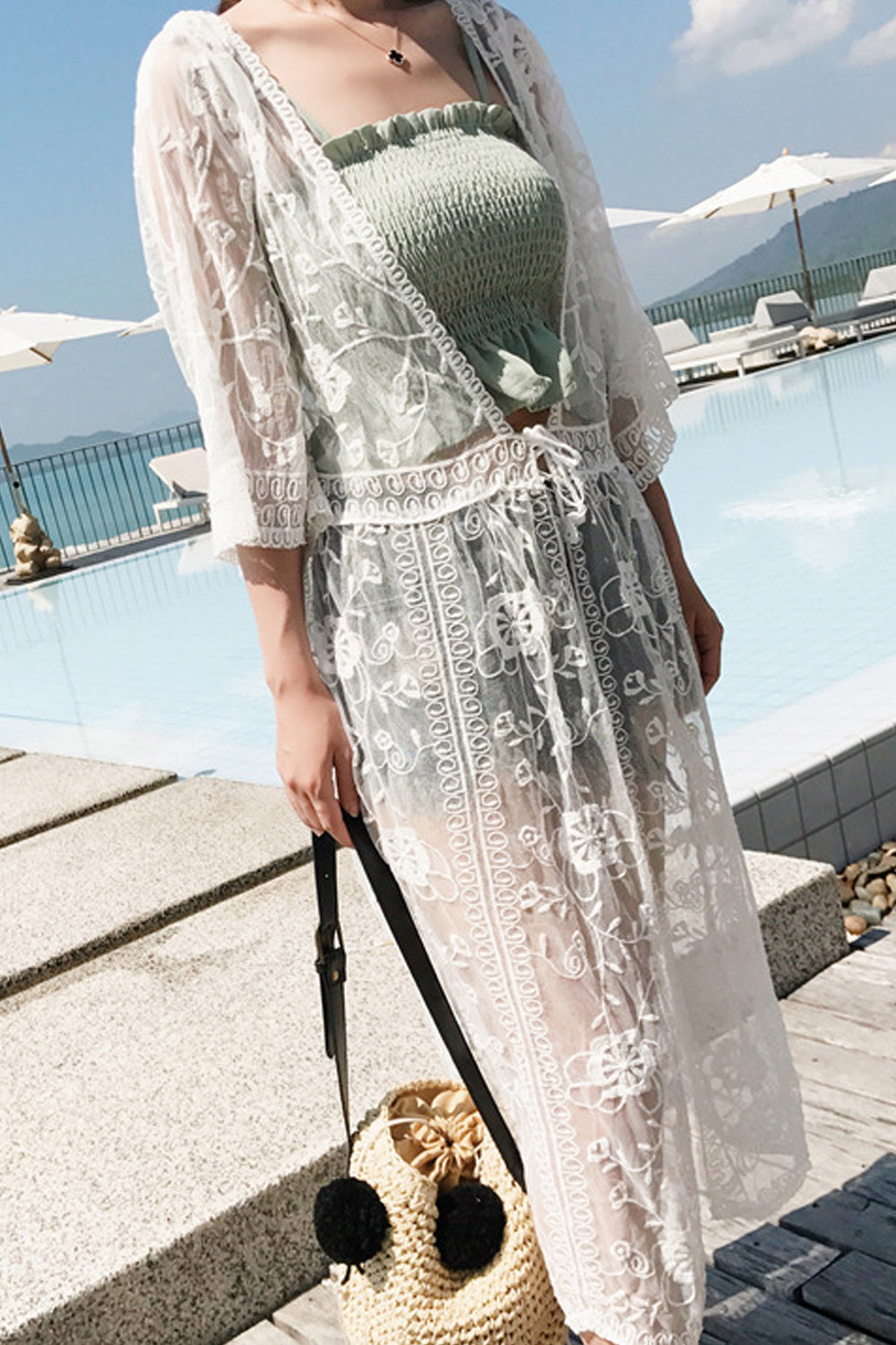 Women Hollow Net Short Sleeve Breathable Beach Cover-Up