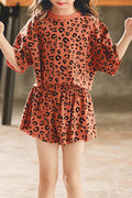 Kids Girls Leopard Printed Round Neck Breathable Elasticated Waist Outfit