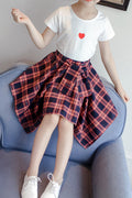 Kids Girls Small Heart Printed Plaid Pattern Skirt Outfit Set