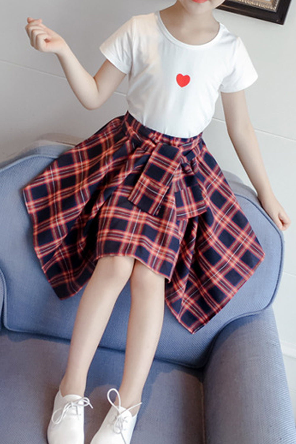 Kids Girls Small Heart Printed Plaid Pattern Skirt Outfit Set