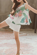 Kids Girls Leaf Printed Sleeveless Breathable Outfit Set