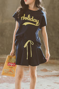 Kids Girls Letter Printed Tie Waist Short Sleeve Fashionable Outfit Set