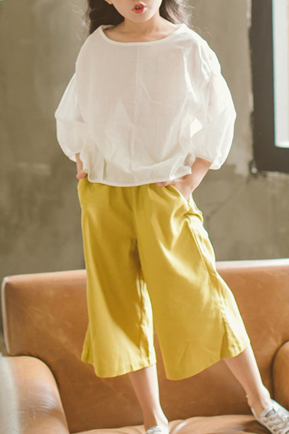 Kids Girls Elegant Pocket Styled Solid Colored Outfit Set