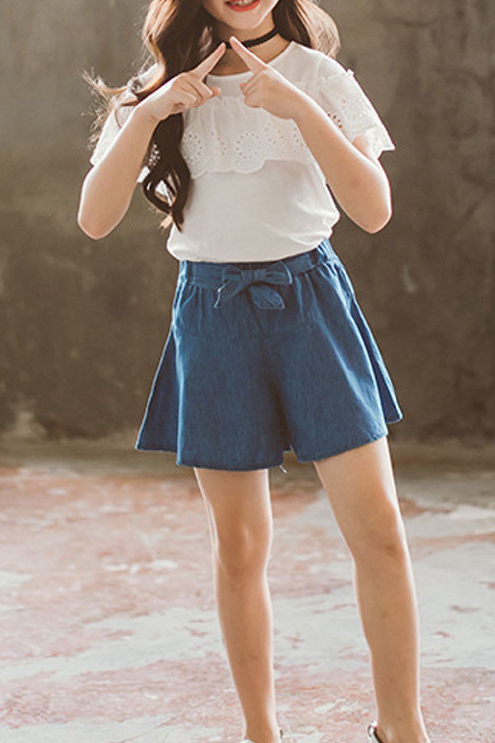 Kids Girls Round Neck Denim Skirt Soft Stylish Outfit Set