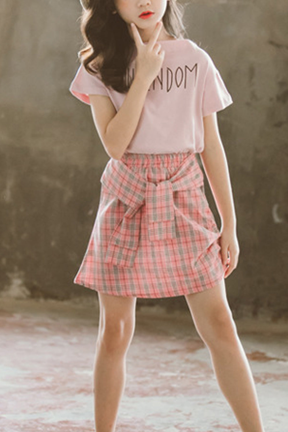 Kids Girls Breathable Short Sleeve Elasticated Waist Plaid Pattern Outfit