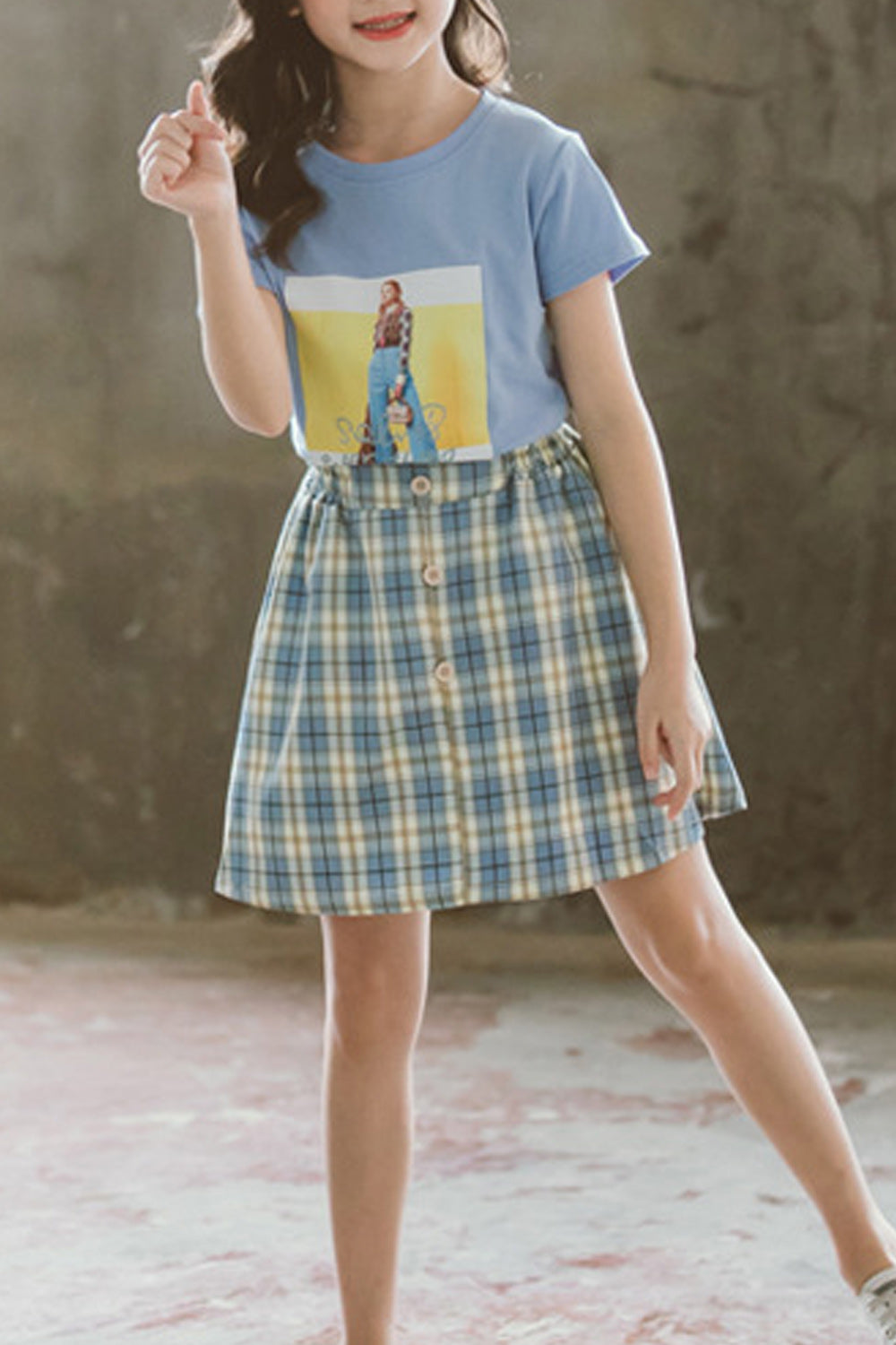 Kids Girls Elasticated Waist Short Sleeve Round Neck Outfit Set