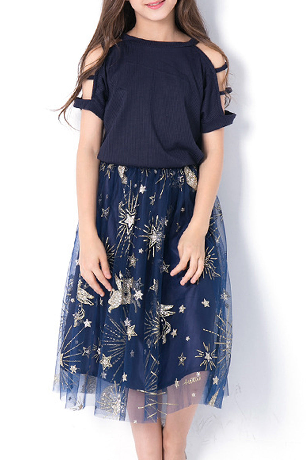 Kids Girls Off-Shoulder Printed Skirt Comfortable Outfit Set