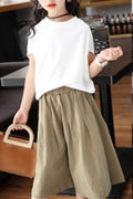 Kids Girls Solid Colored Elasticated Waist Round Neck Outfits Set