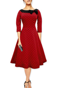 Women Bow Decorated Polka Dot Printed Below Knee Dress