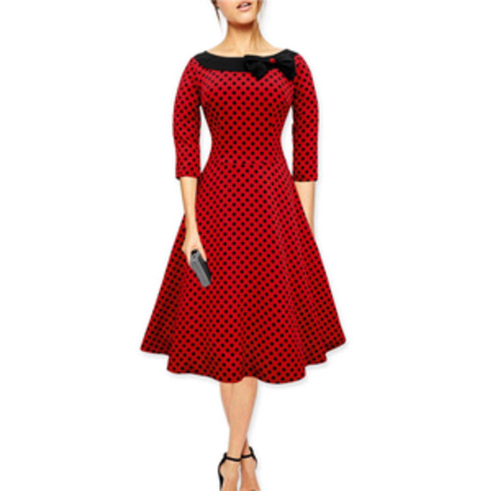 Women Bow Decorated Polka Dot Printed Below Knee Dress