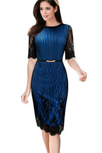 Women Striped Flower Lace Short Sleeve Sheath Dress
