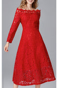 Women Charming Off Shoulder Floral Lace Pattern Red Color Dress