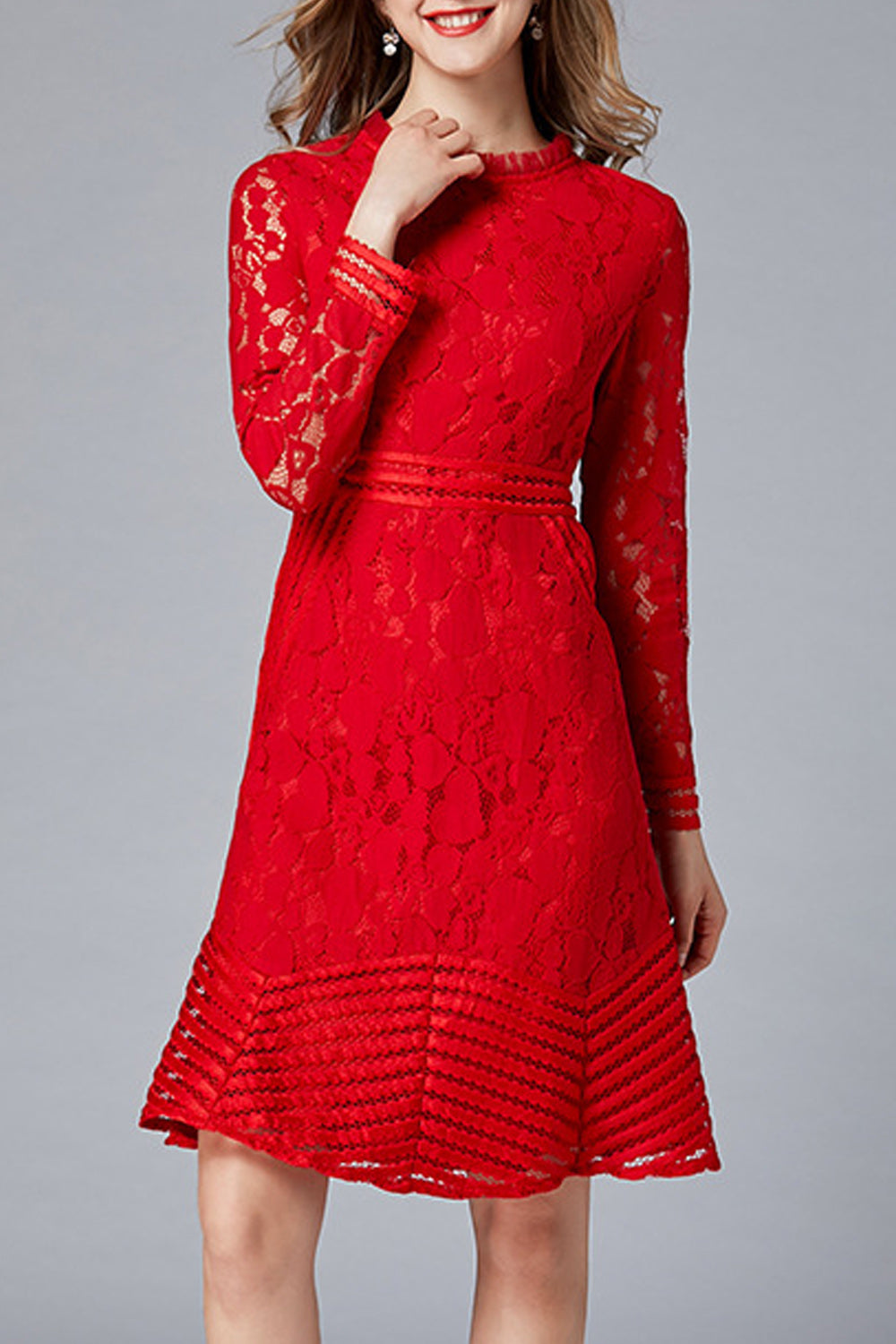 Women Stylish Floral Lace Pattern Round Neck Long Sleeve Dress