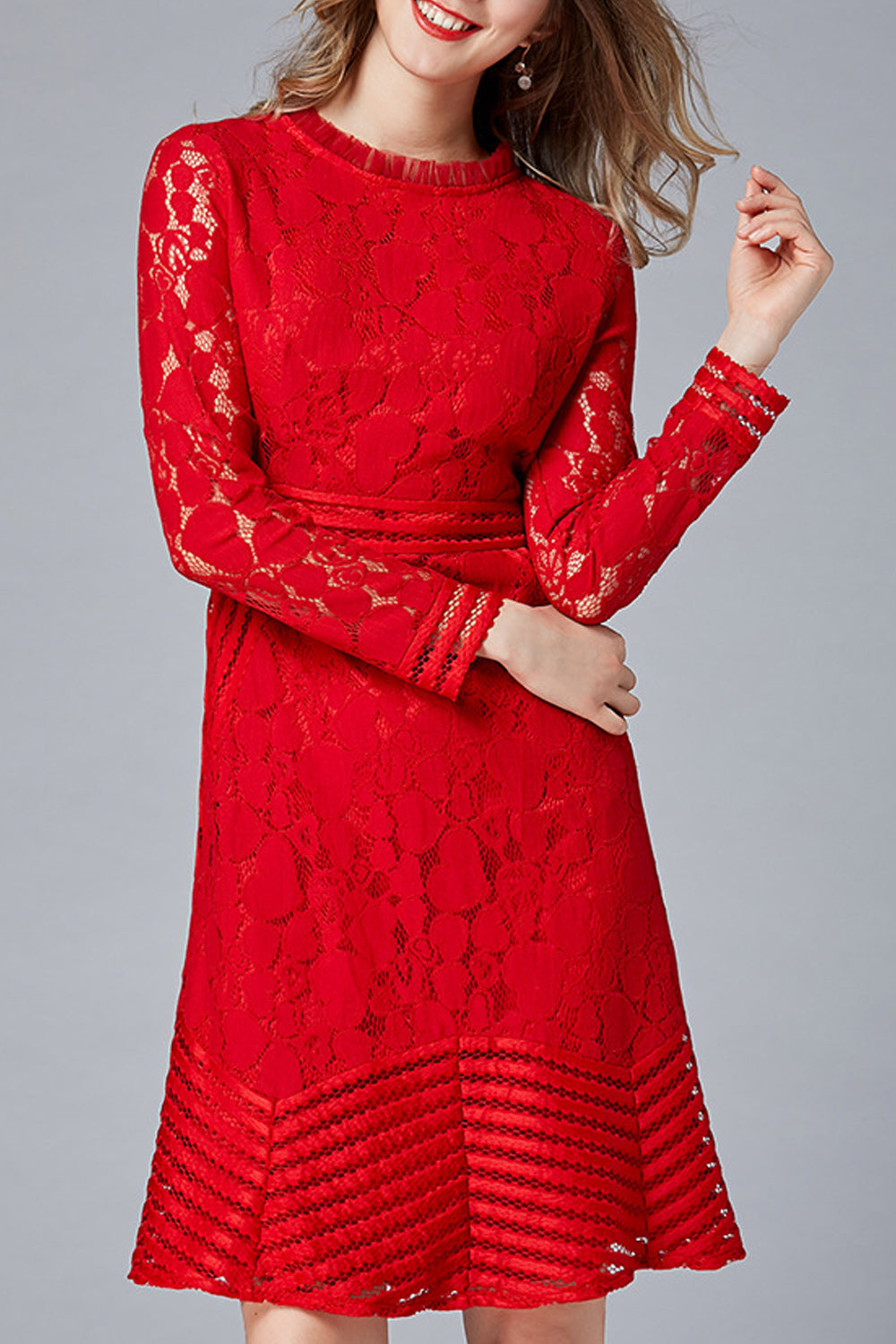 Women Stylish Floral Lace Pattern Round Neck Long Sleeve Dress