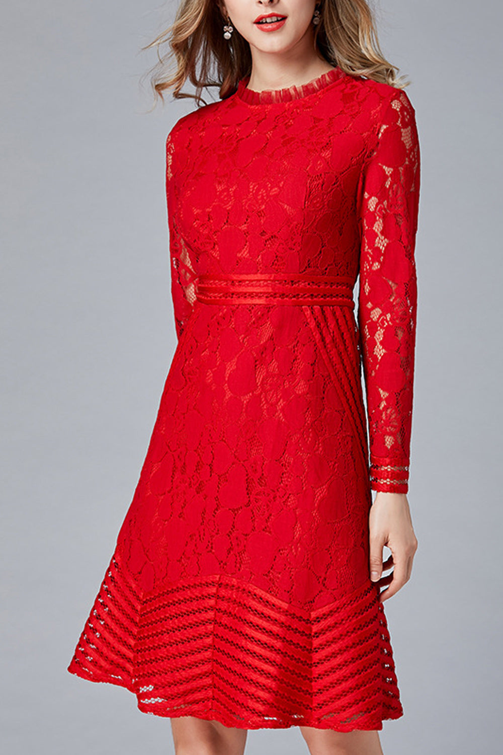 Women Stylish Floral Lace Pattern Round Neck Long Sleeve Dress