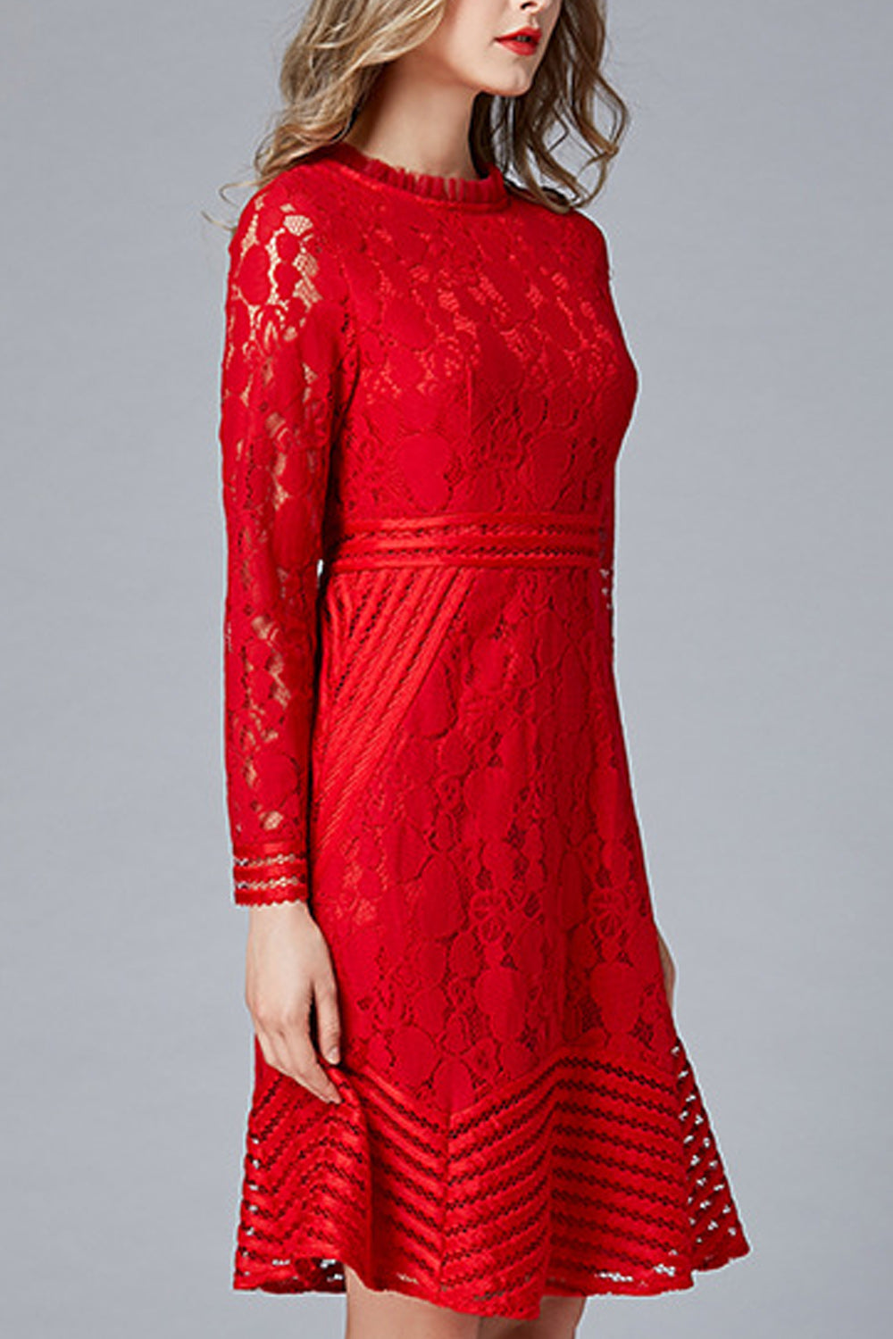 Women Stylish Floral Lace Pattern Round Neck Long Sleeve Dress