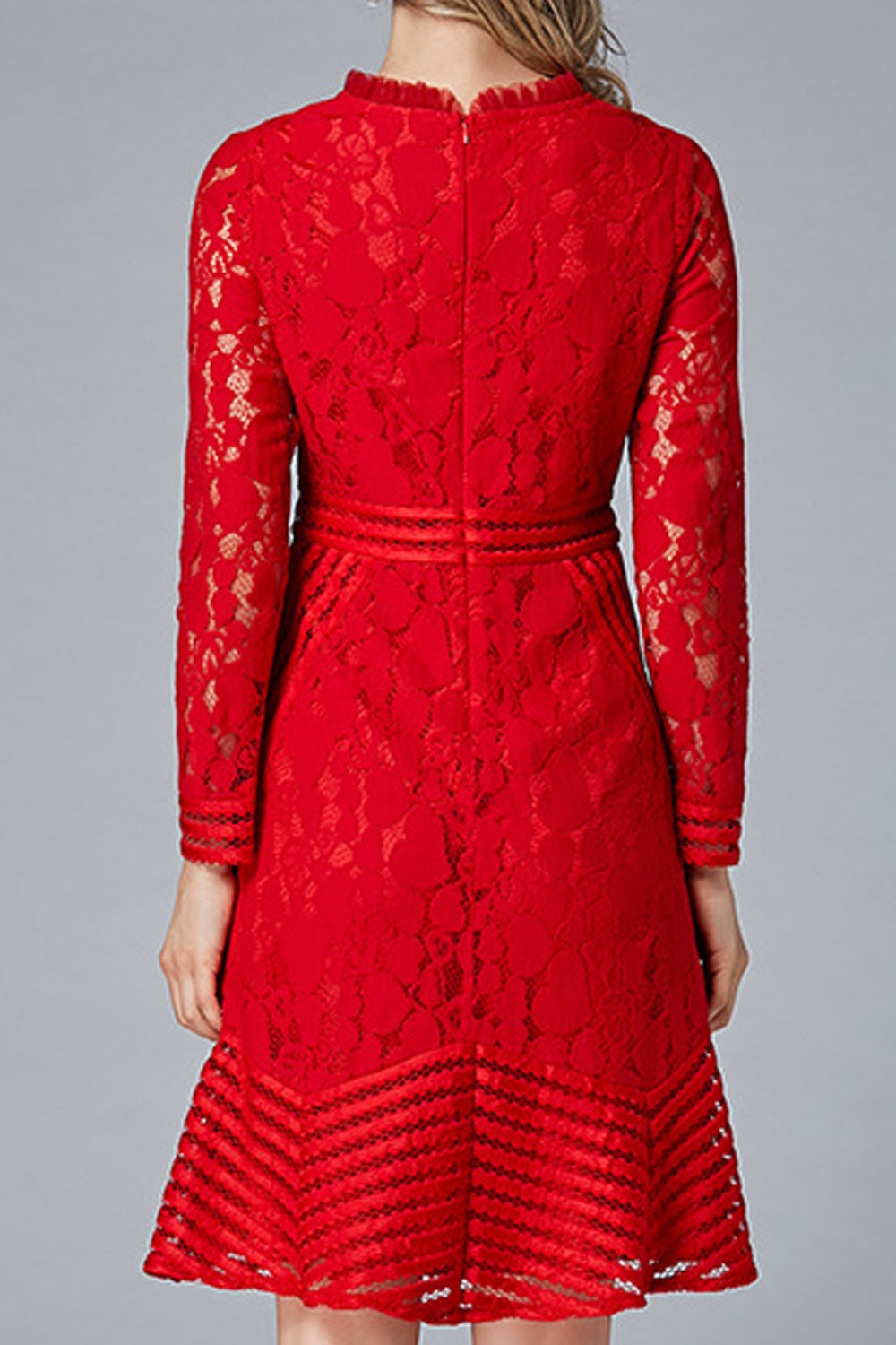 Women Stylish Floral Lace Pattern Round Neck Long Sleeve Dress