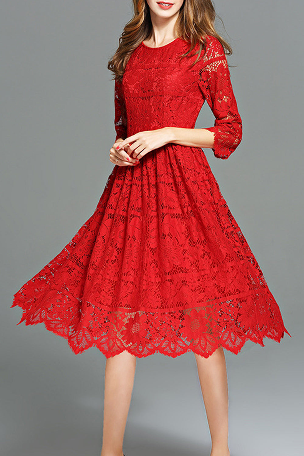 Women Stylish Floral Lace Solid Color Round Neck Dress