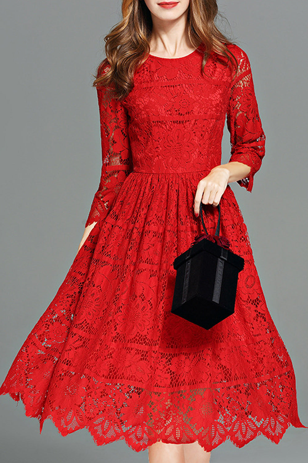 Women Stylish Floral Lace Solid Color Round Neck Dress