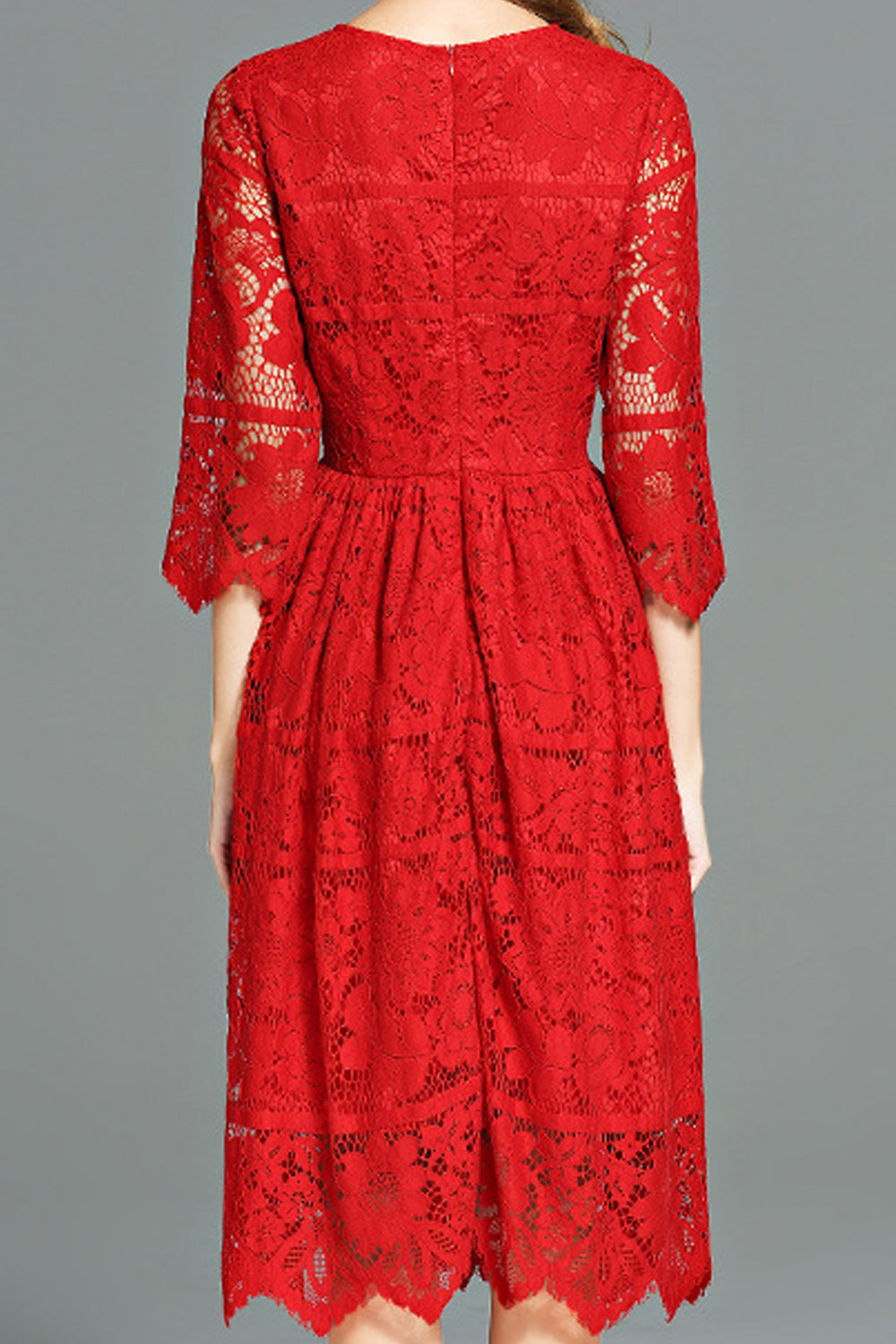 Women Stylish Floral Lace Solid Color Round Neck Dress