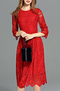 Women Stylish Floral Lace Solid Color Round Neck Dress