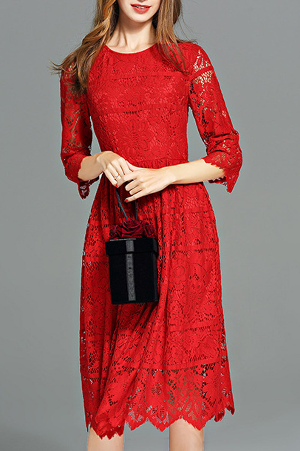 Women Stylish Floral Lace Solid Color Round Neck Dress