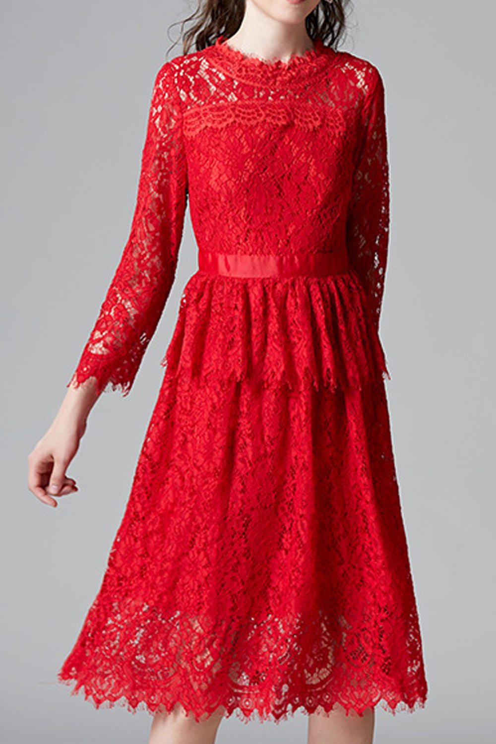 Women Red Color Floral Lace Pattern Round Neck Long Sleeve Dress