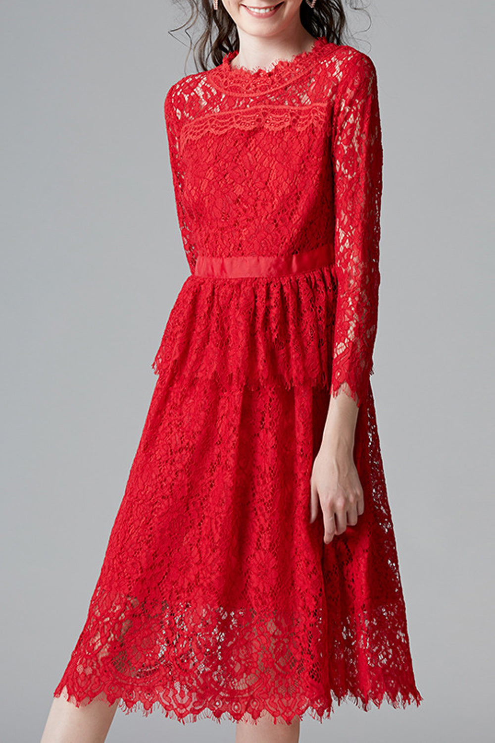 Women Red Color Floral Lace Pattern Round Neck Long Sleeve Dress