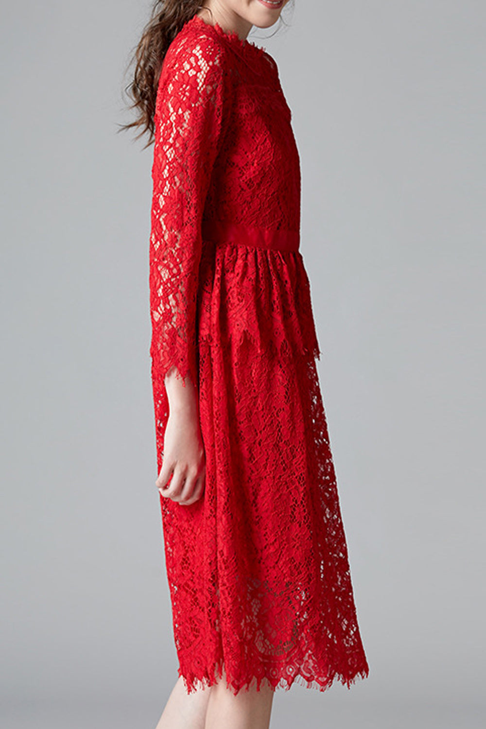 Women Red Color Floral Lace Pattern Round Neck Long Sleeve Dress
