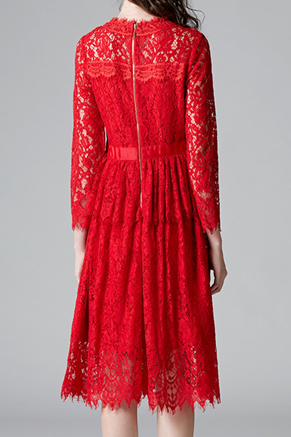 Women Red Color Floral Lace Pattern Round Neck Long Sleeve Dress