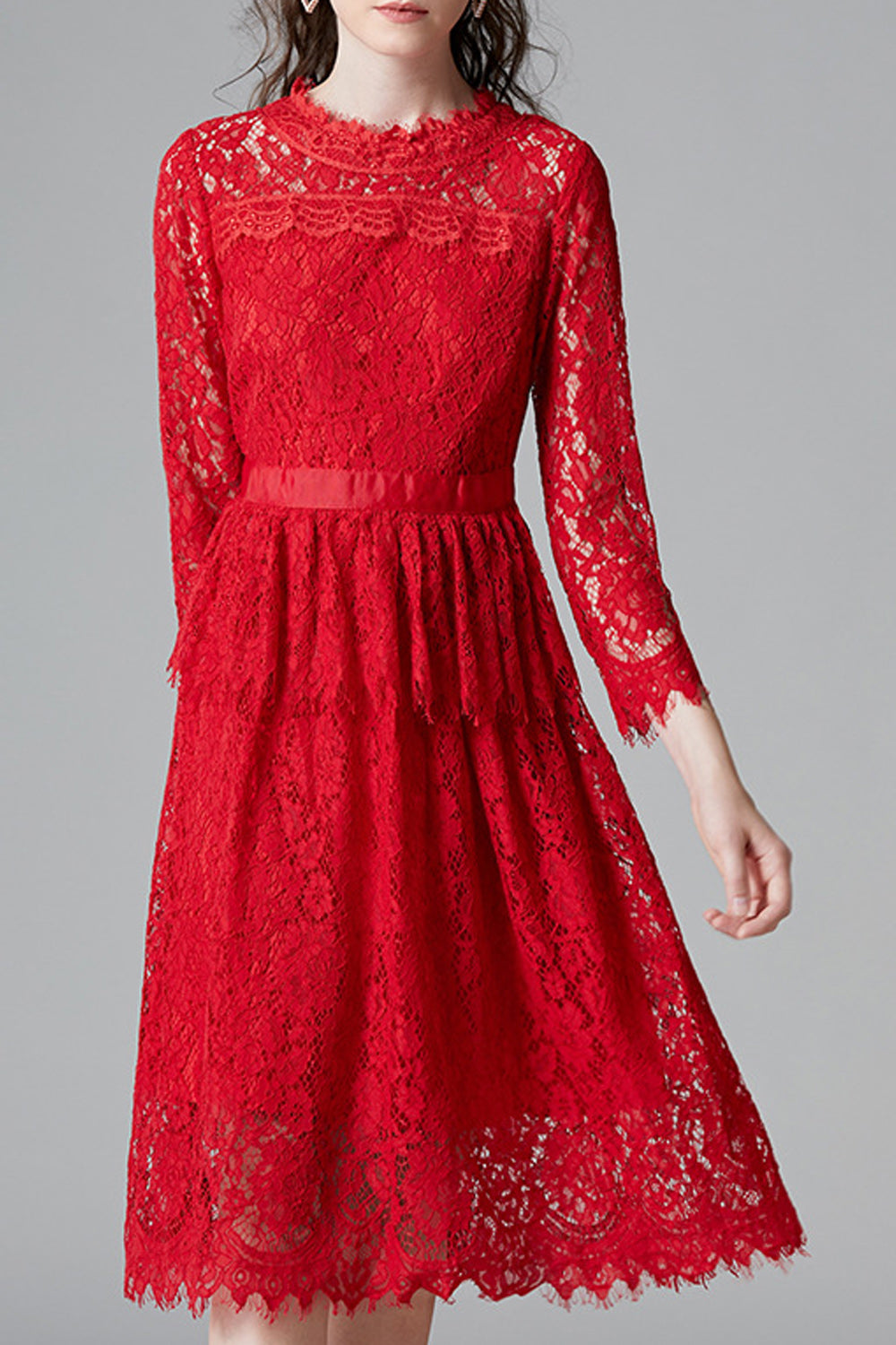 Women Red Color Floral Lace Pattern Round Neck Long Sleeve Dress