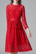 Women Red Color Floral Lace Pattern Round Neck Long Sleeve Dress