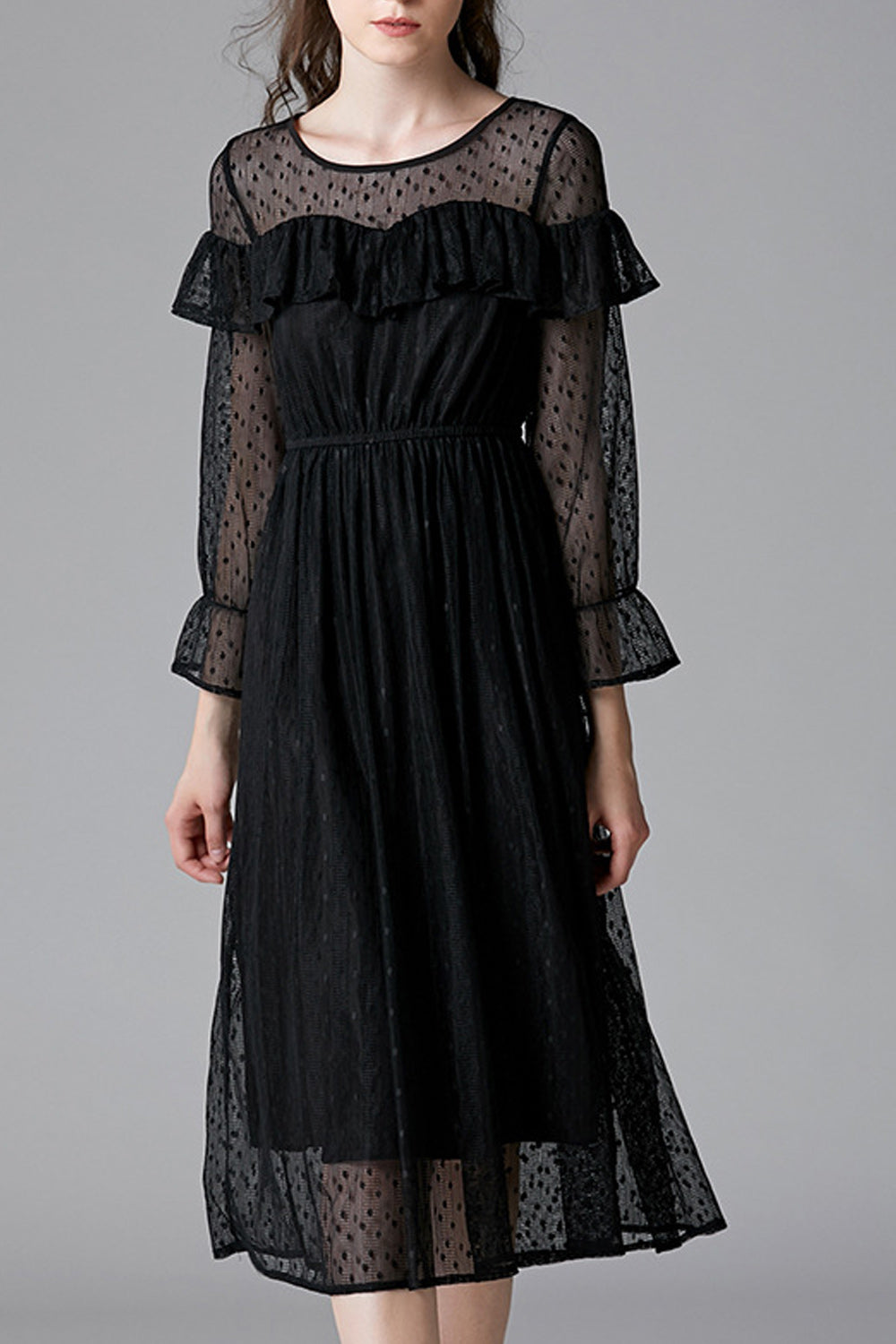 Women Black Color Ruffle Decorated Bust Transparent Polka Dot Dress