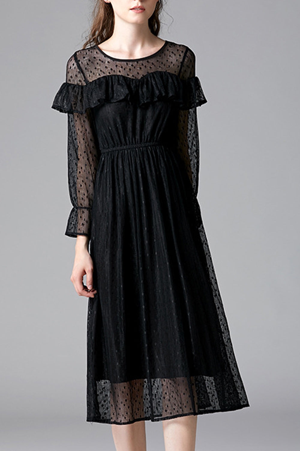 Women Black Color Ruffle Decorated Bust Transparent Polka Dot Dress