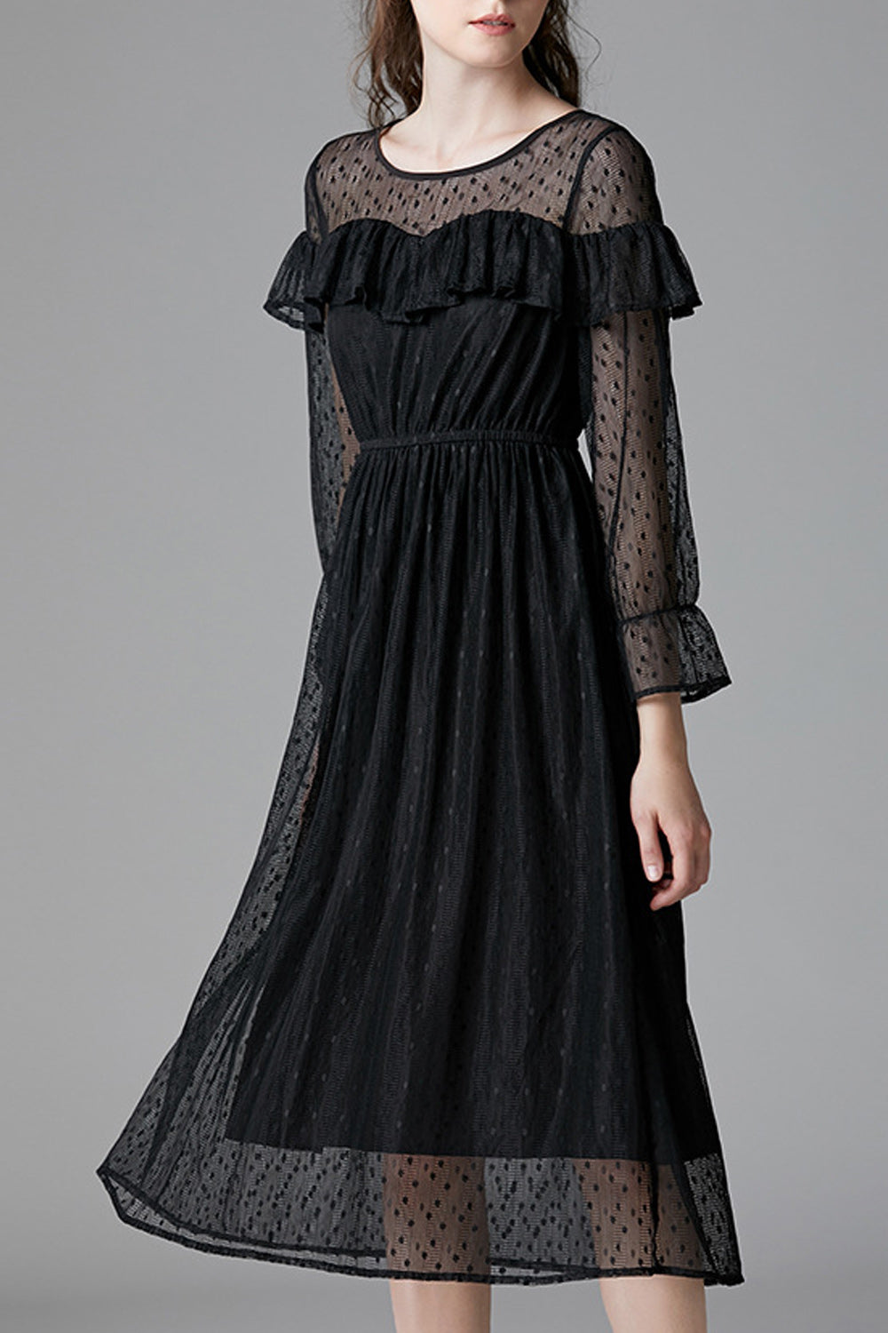 Women Black Color Ruffle Decorated Bust Transparent Polka Dot Dress