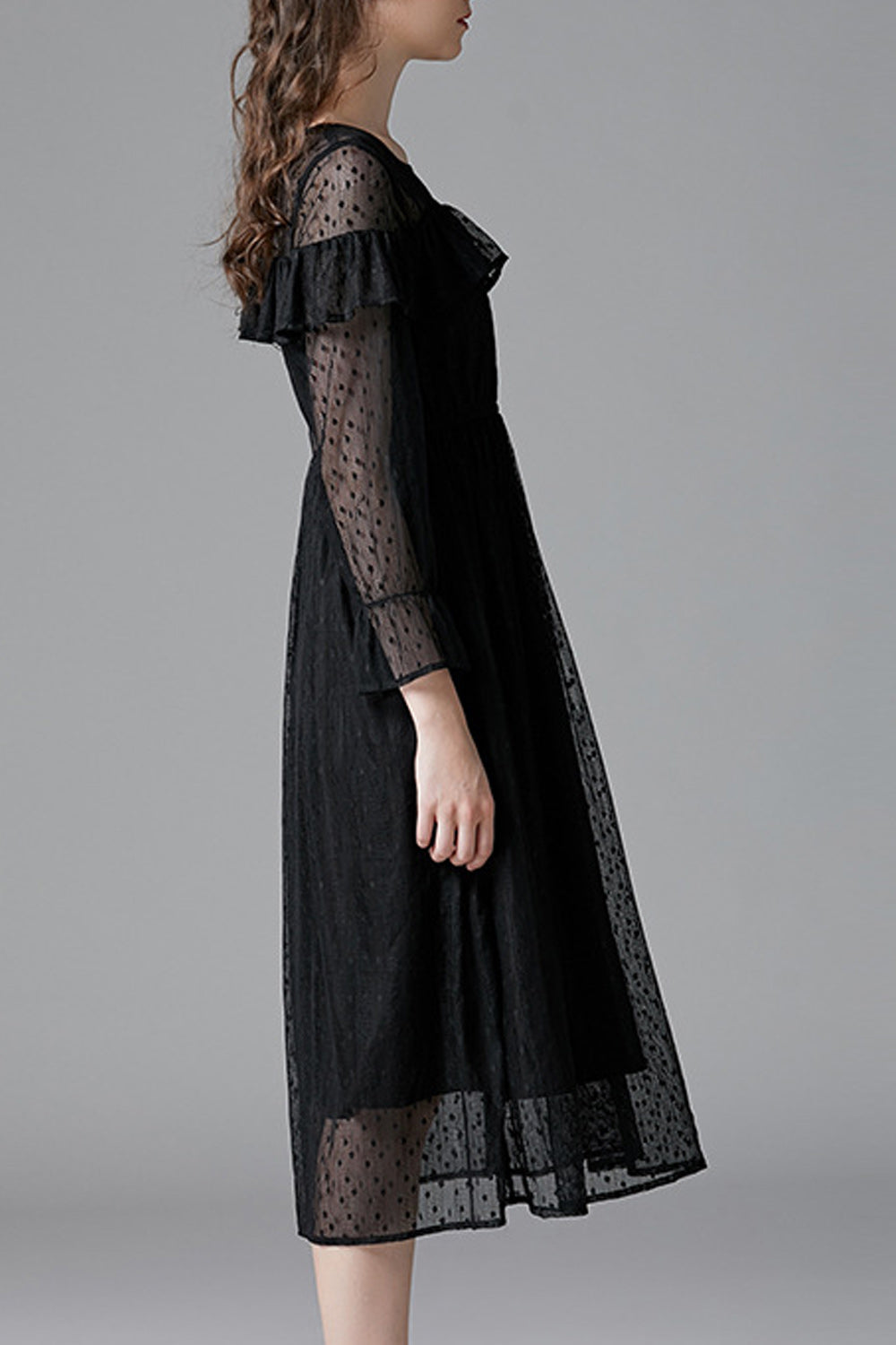 Women Black Color Ruffle Decorated Bust Transparent Polka Dot Dress