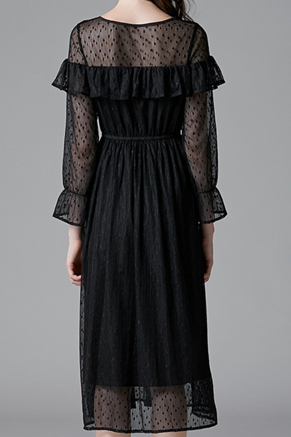 Women Black Color Ruffle Decorated Bust Transparent Polka Dot Dress