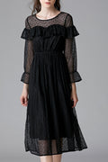 Women Black Color Ruffle Decorated Bust Transparent Polka Dot Dress