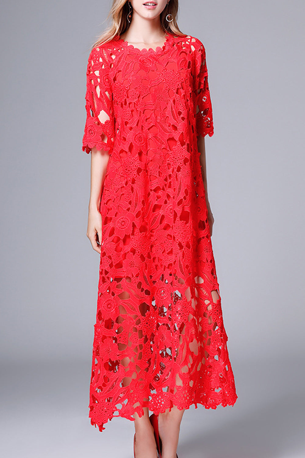 Womoen Awesome Red Color Floral Lace Pattern Round Neck Dress