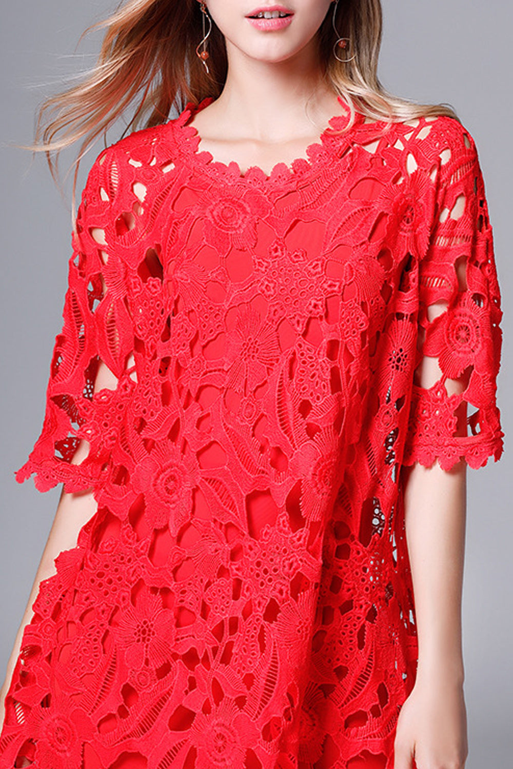 Womoen Awesome Red Color Floral Lace Pattern Round Neck Dress