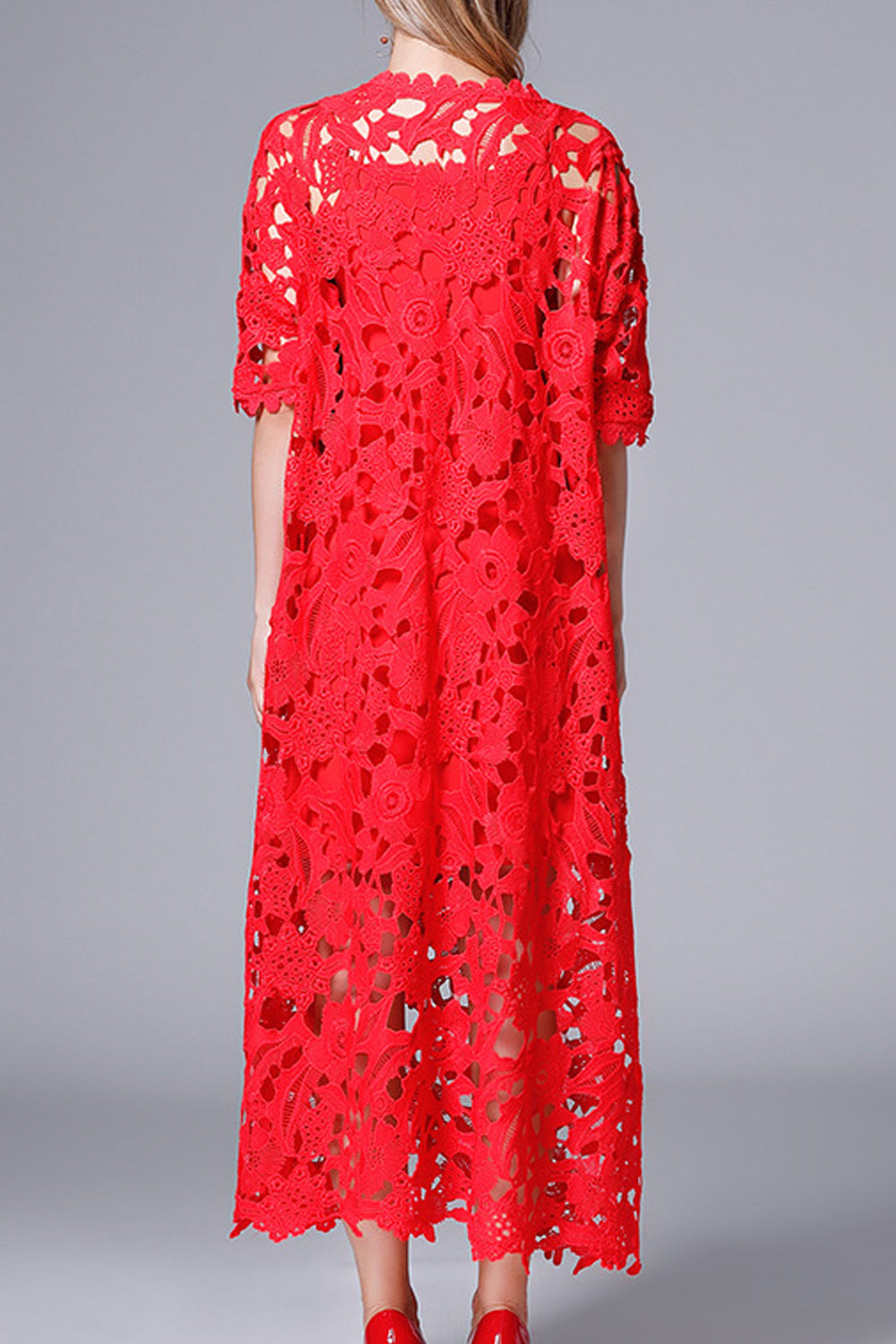 Womoen Awesome Red Color Floral Lace Pattern Round Neck Dress