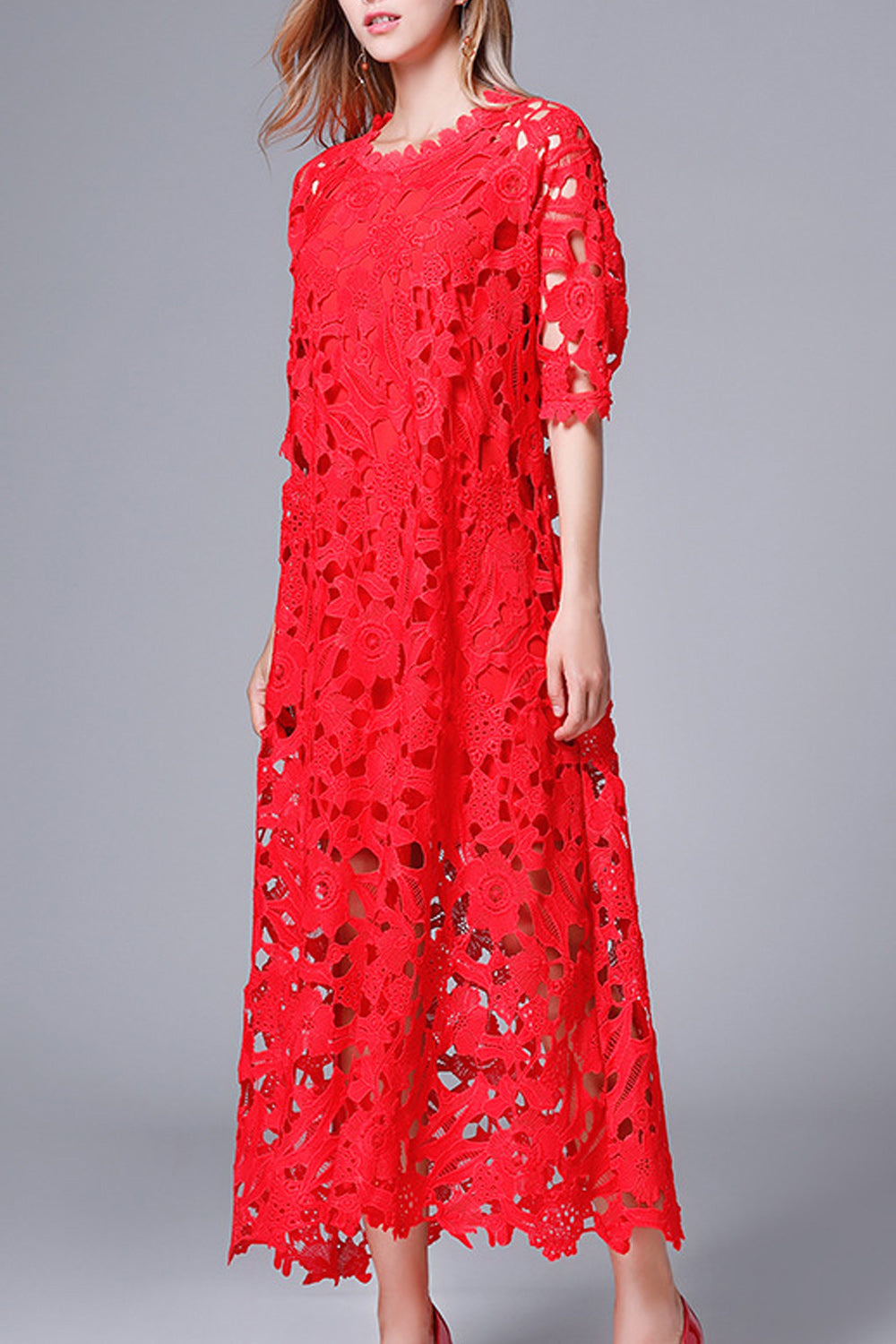 Womoen Awesome Red Color Floral Lace Pattern Round Neck Dress