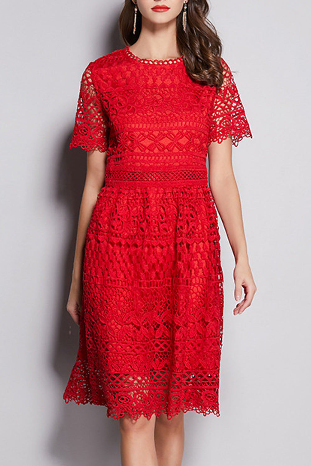 Women Awesome Floral Lace Pattern Red Color Round Neck Dress