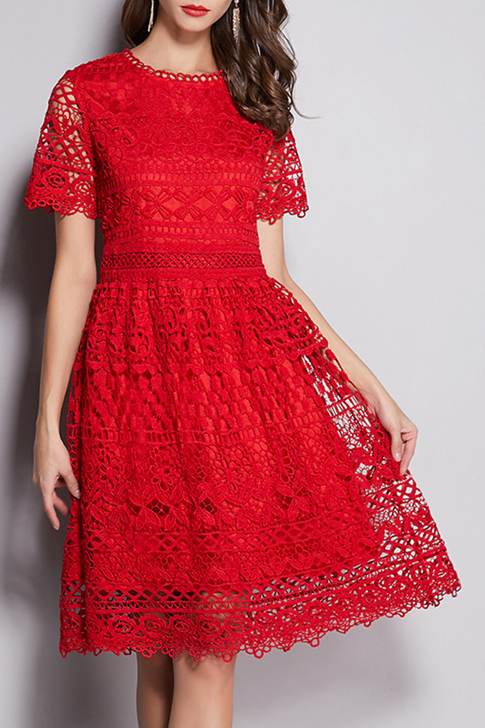 Women Awesome Floral Lace Pattern Red Color Round Neck Dress