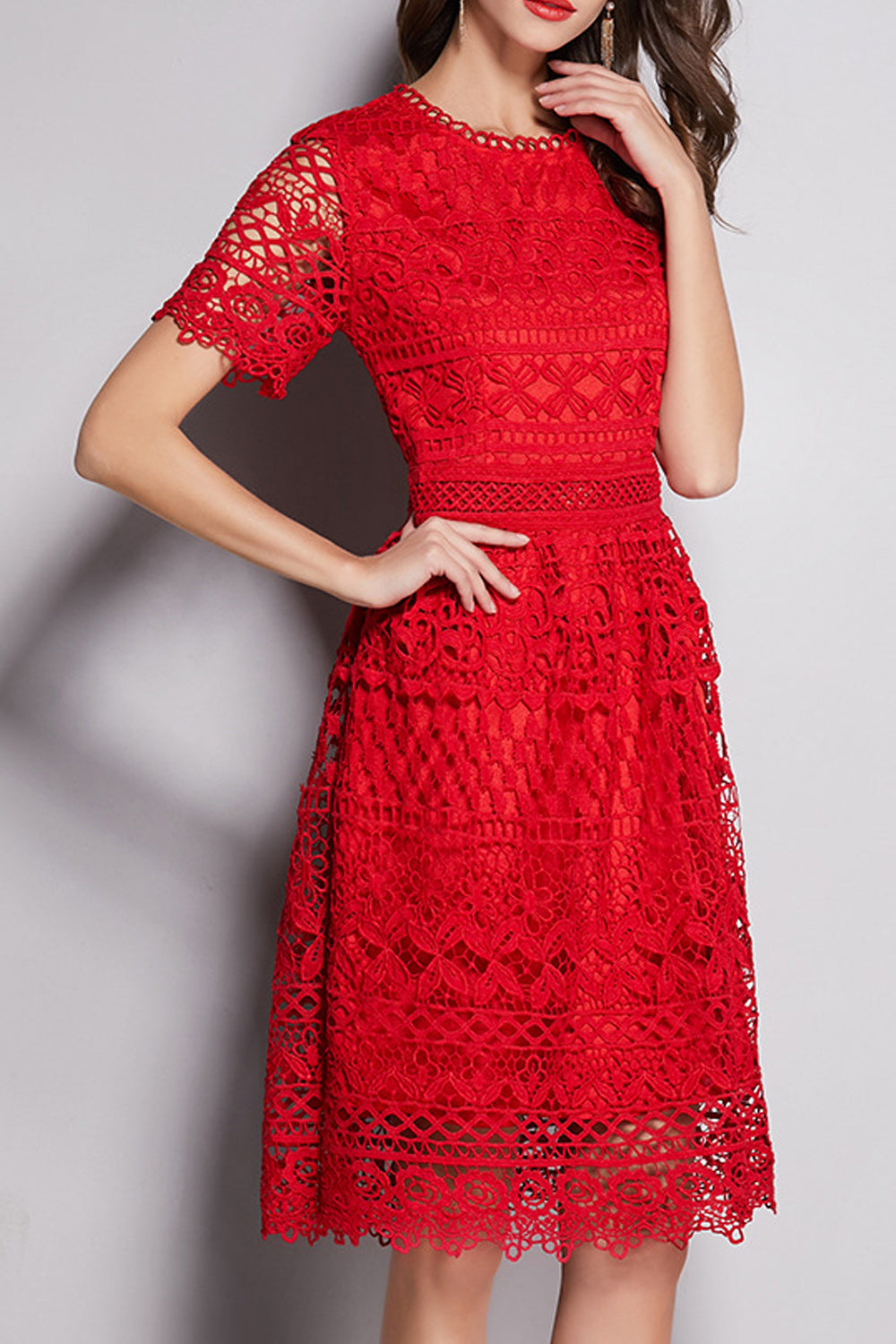 Women Awesome Floral Lace Pattern Red Color Round Neck Dress