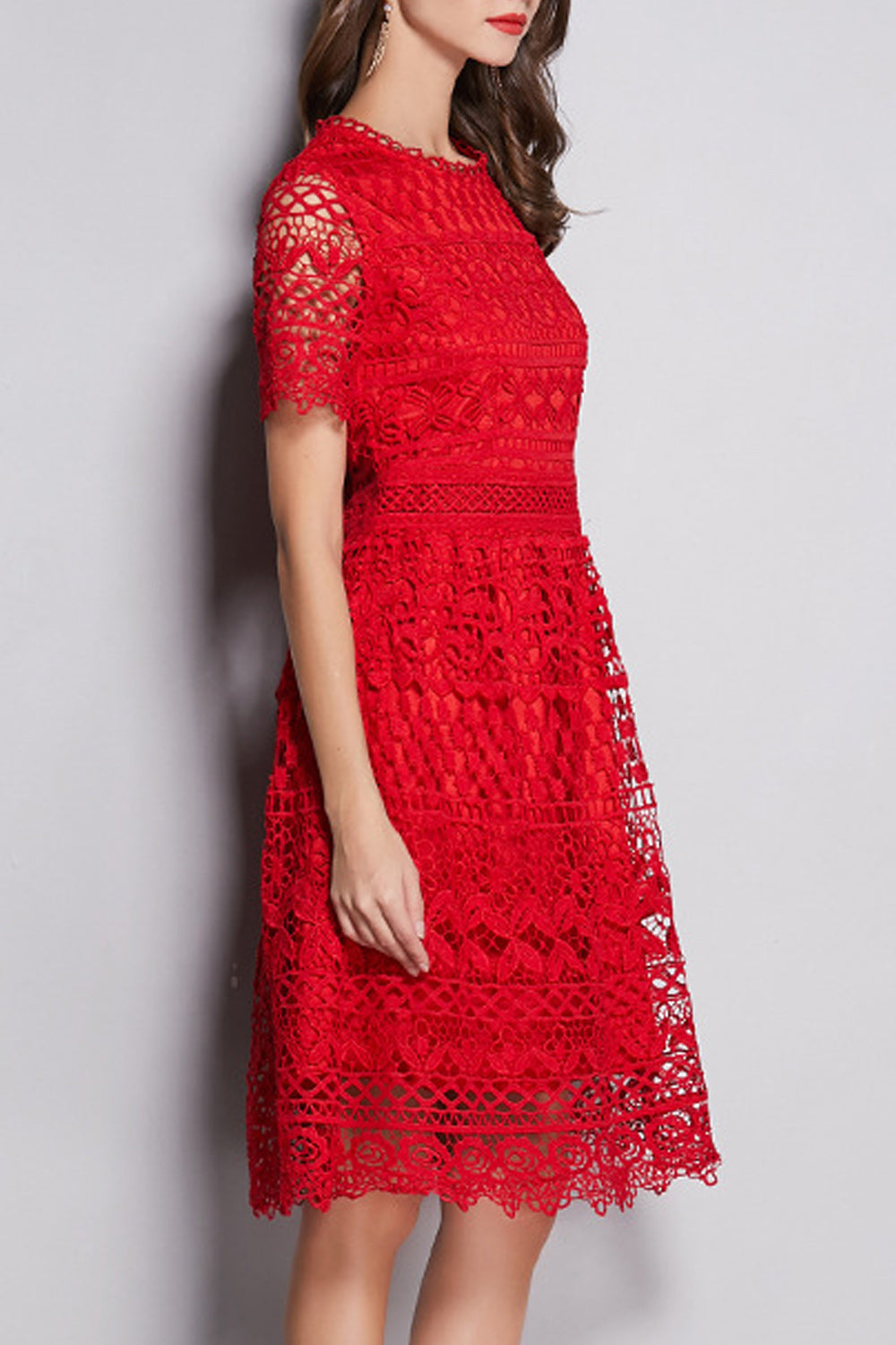 Women Awesome Floral Lace Pattern Red Color Round Neck Dress