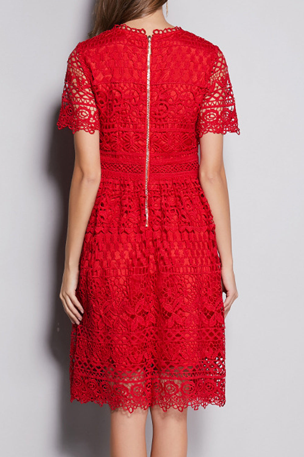 Women Awesome Floral Lace Pattern Red Color Round Neck Dress